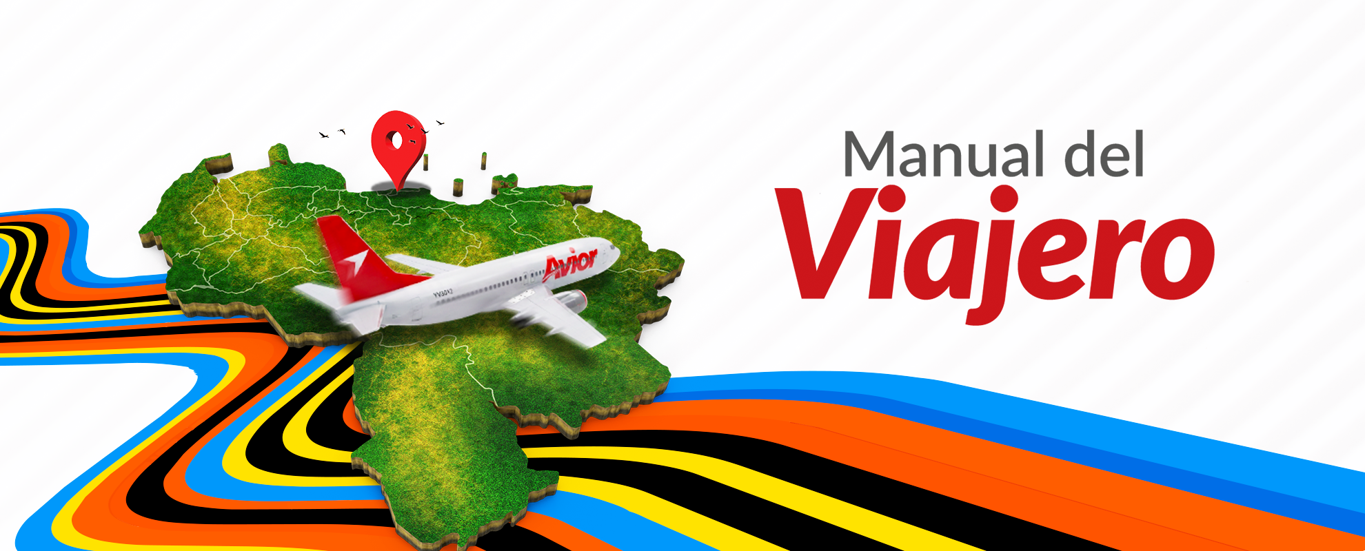 Manual del viajero de Avior Airlines: mapa de Venezuela con avión y rutas