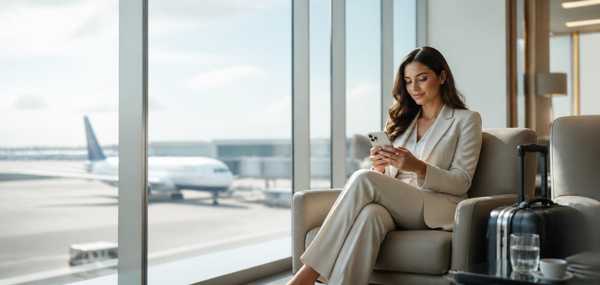 Pasajero consultando su vuelo en la sala de espera del aeropuerto
